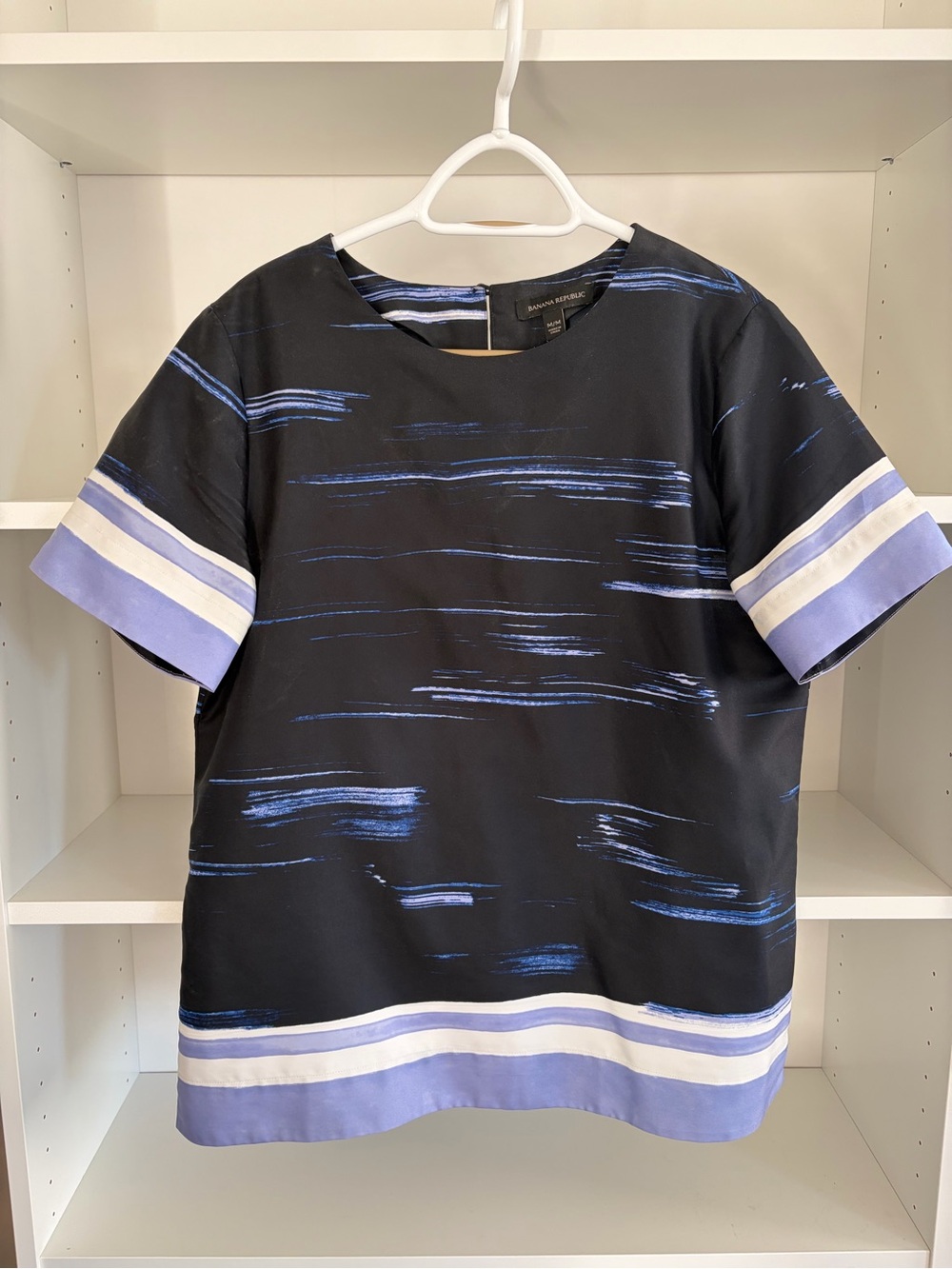 Banana Republic Black Short-Sleeve Top with Blue Brushstroke and Lavender Trim